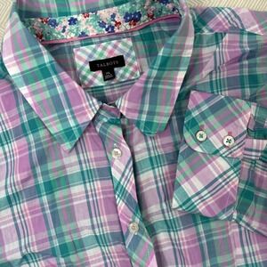 Talbots Womens XL  Plaid Button Up Long Sleeve Pink Plaid‎ Lightweight Blouse